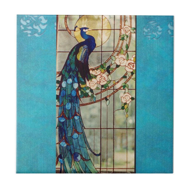 Beautiful Stained Glass Peacock Ceramic Tile (Front)