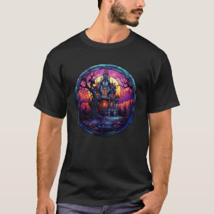 Beautiful Stained Glass Style Art Haunted House Ha T-Shirt