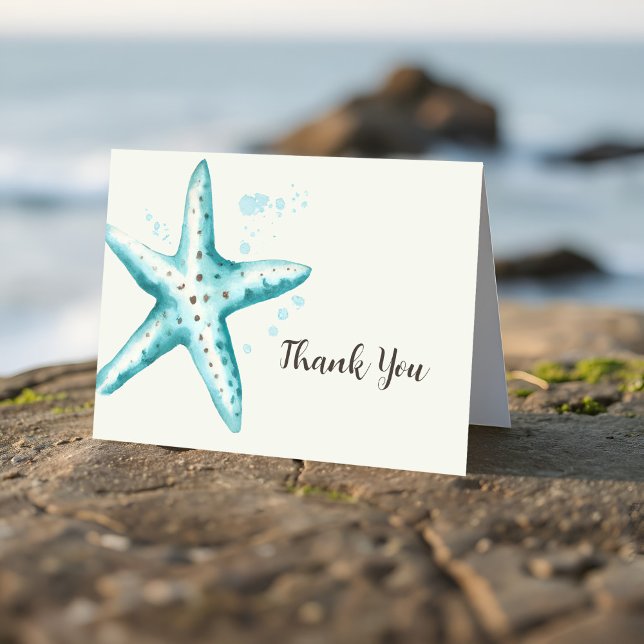 Beautiful Starfish Aqua Watercolor Bridal Shower Thank You Card (Aqua starfish bridal shower thank you card in coastal watercolor style. Great for seaside wedding!)