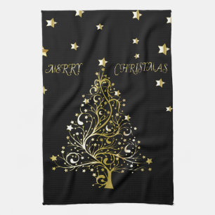 Beautiful starry metallic gold Christmas tree Tea Towel