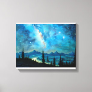Beautiful Starry Night Surreal Mountain Landscape Canvas Print