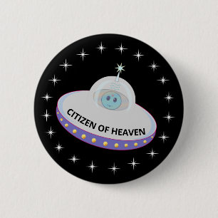 Beautiful stars, flying saucer & alien cartoon 6 cm round badge