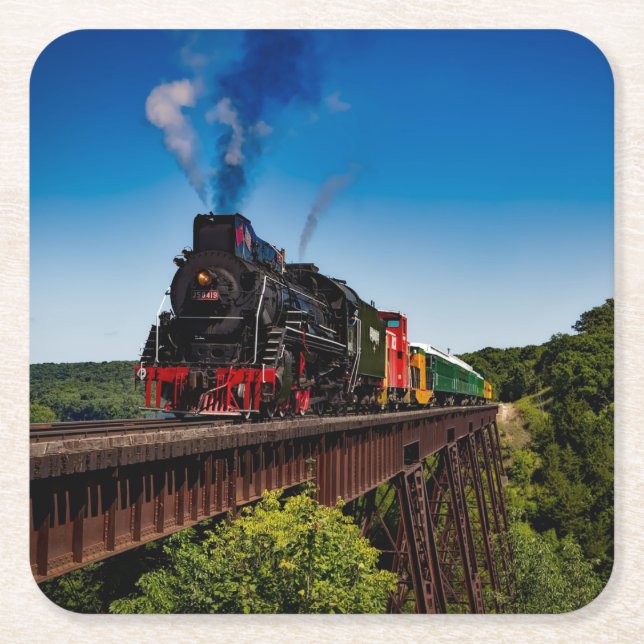 Beautiful Steam Locomotive Over a Bridge JS8419 Square Paper Coaster (Front)