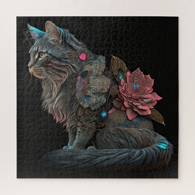 Beautiful steampunk cat with pink flowers jigsaw puzzle (Vertical)