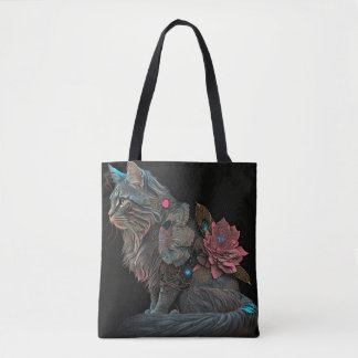 Beautiful steampunk cat with pink flowers tote bag