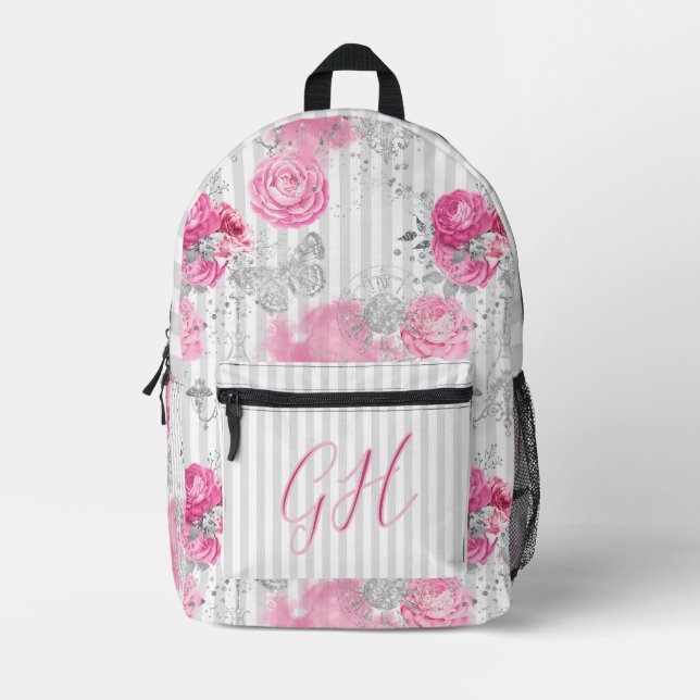 Beautiful Steampunk Elegance Pink Roses on Silver Printed Backpack (Front)
