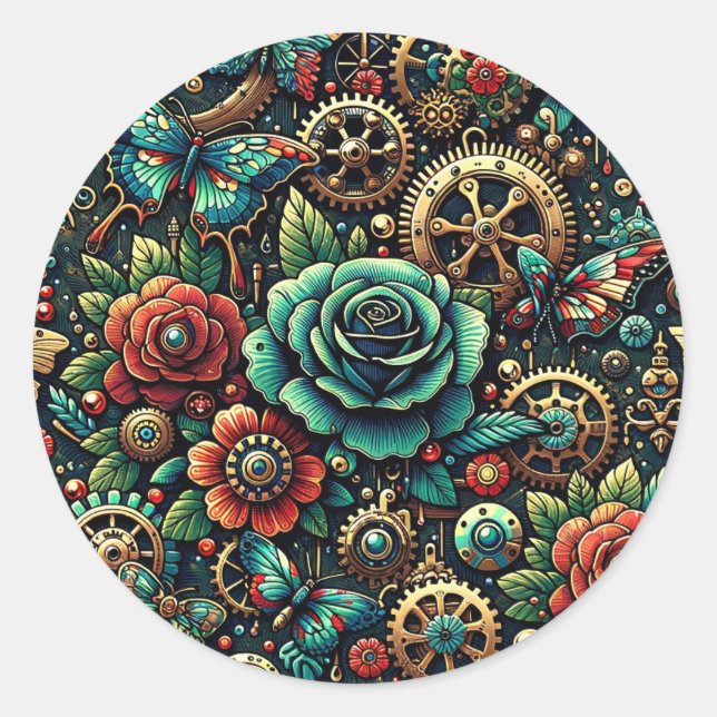 Beautiful Steampunk Themed Gears and Roses   Classic Round Sticker (Front)