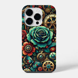 Beautiful Steampunk Themed Gears and Roses iPhone 14 Pro Case