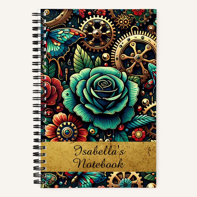 Beautiful Steampunk Themed Gears and Roses Notebook (Front)