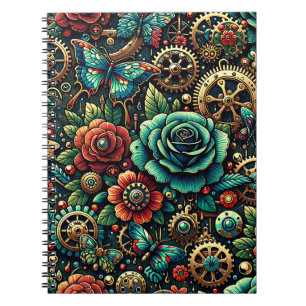 Beautiful Steampunk Themed Gears and Roses   Notebook