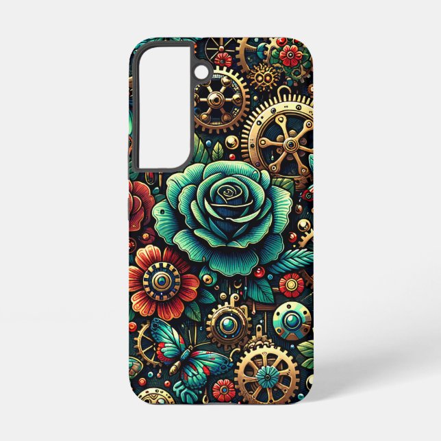 Beautiful Steampunk Themed Gears and Roses Samsung Galaxy S22 Case (Back)