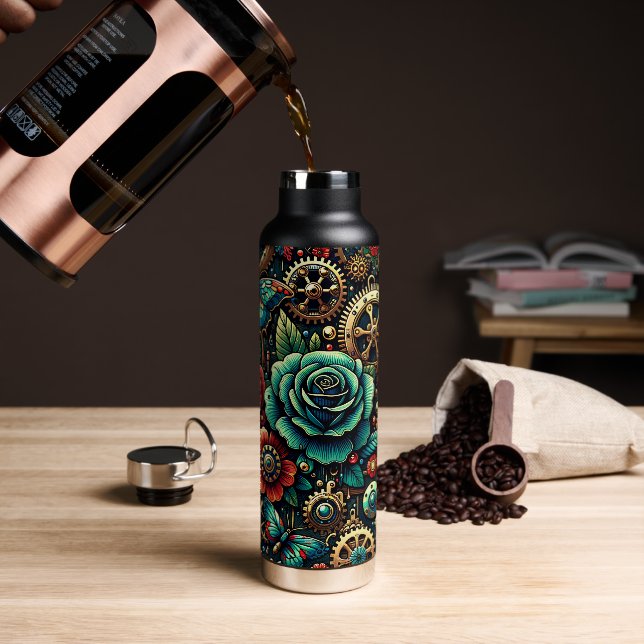 Beautiful Steampunk Themed Gears and Roses Water Bottle (Coffee)