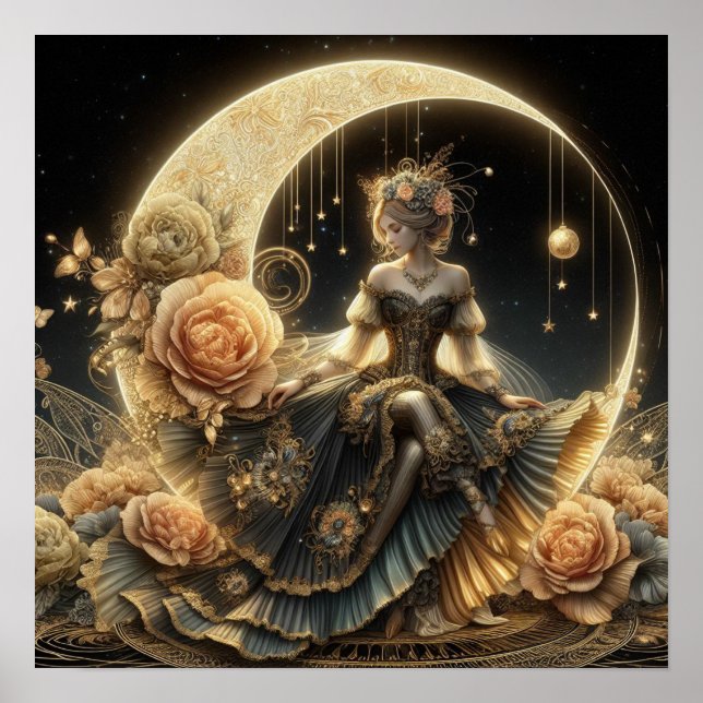 Beautiful Steampunk Woman on the Moon Poster (Front)