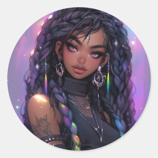 Beautiful Stylish Braided Hair Anime Girl Classic Round Sticker (Front)