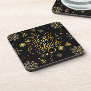 Beautiful Stylish Gold and Black Happy Holidays Coaster