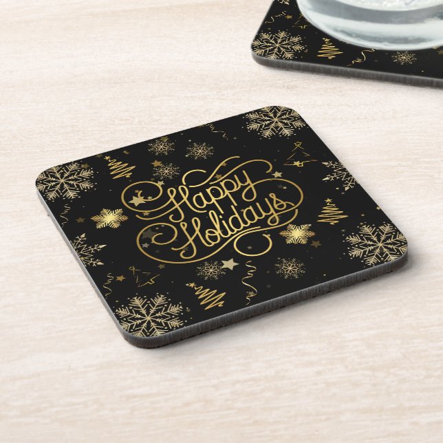 Beautiful Stylish Gold and Black Happy Holidays Coaster (Left Side)