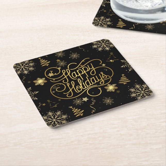 Beautiful Stylish Gold and Black Happy Holidays Square Paper Coaster (Angled)