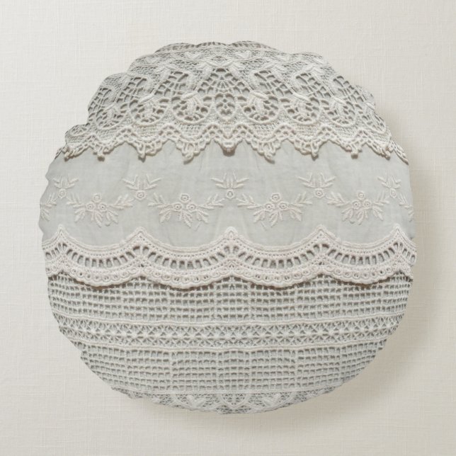 Beautiful, subtle, white laced textile close up.  round cushion (Front)