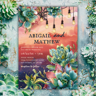 Beautiful Succulent Cactus Sunset SoCal Wedding Invitation