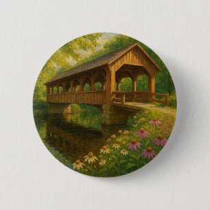 Beautiful summer covered bridge art 6 cm round badge