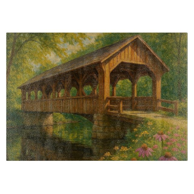 Beautiful summer covered bridge art cutting board (Front)