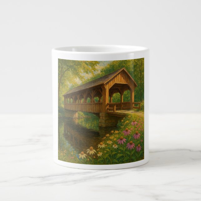 Beautiful summer covered bridge art large coffee mug (Front)