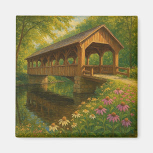 Beautiful summer covered bridge art magnet