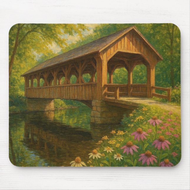 Beautiful summer covered bridge art mouse pad (Front)