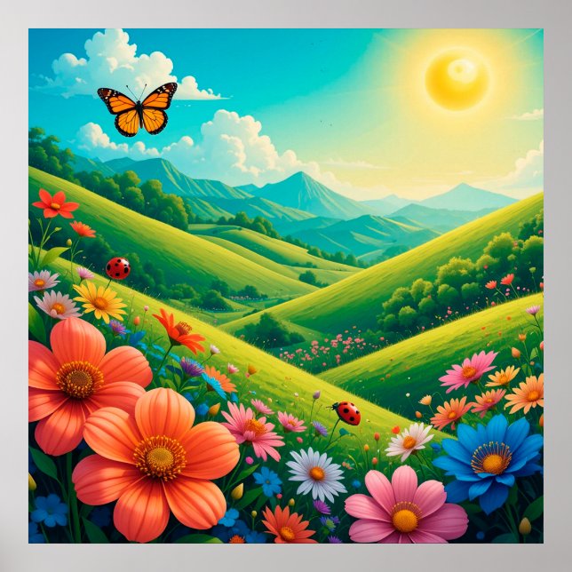 Beautiful Summer Landscape With Colourful Flowers Poster (Front)