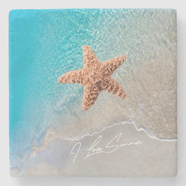 Beautiful Summer Ocean Beach Scenic with Starfish Stone Coaster (Front)