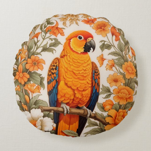 Beautiful Sun Conure William Morris Inspired Round Cushion (Front)