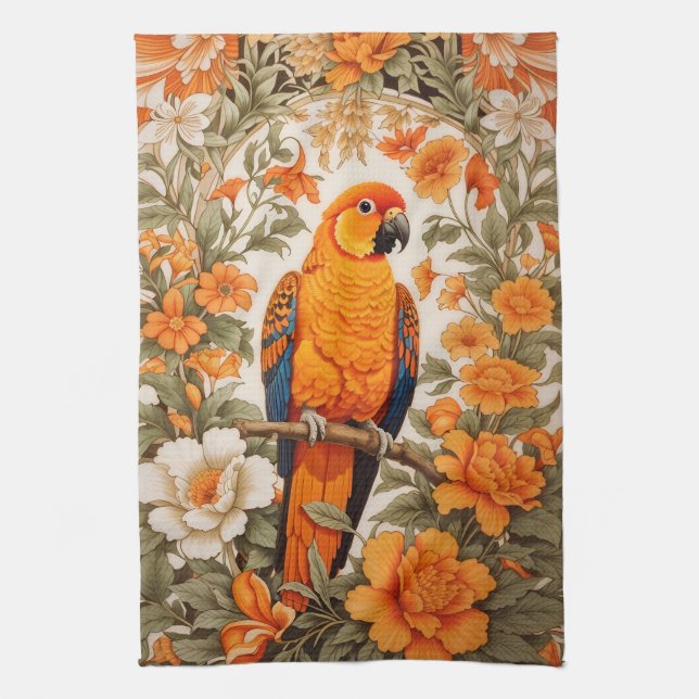Beautiful Sun Conure William Morris Inspired Tea Towel (Vertical)