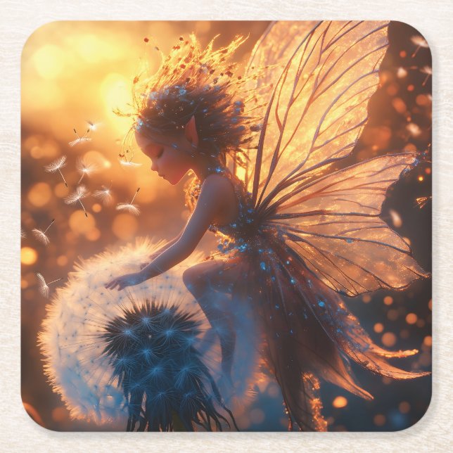 Beautiful Sun Fairy with Dandelion Square Paper Coaster (Front)