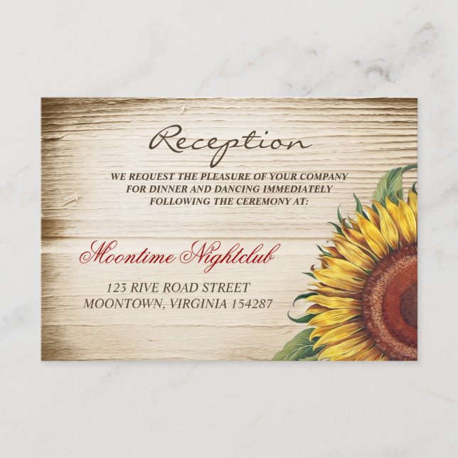 beautiful sunflower and wood wedding reception enclosure card (Front)