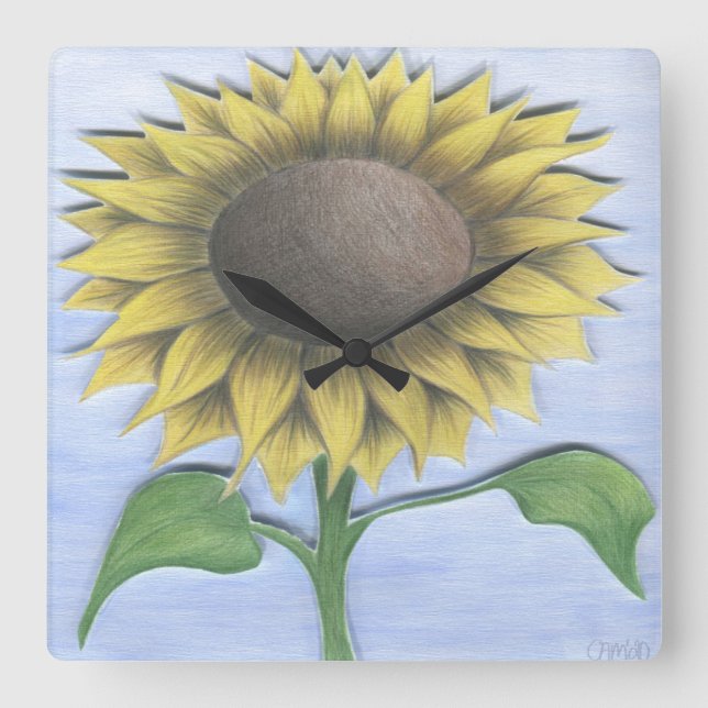 Beautiful Sunflower Drawing Square Wall Clock (Front)