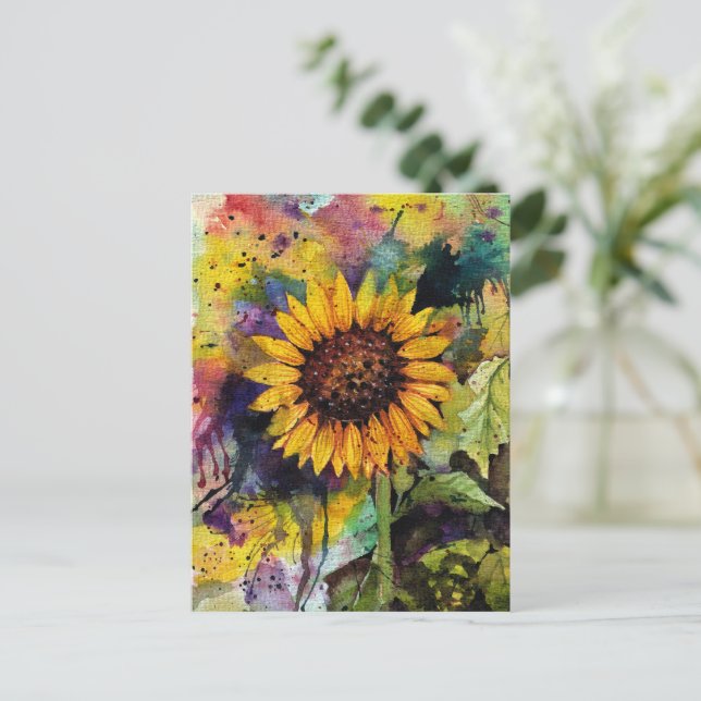Beautiful Sunflower In Watercolor  Postcard (Standing Front)