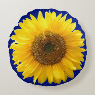 Beautiful Sunflower on Royal Blue Round Pillow