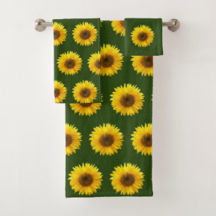 Beautiful sunflower pattern on forest green bath towel set