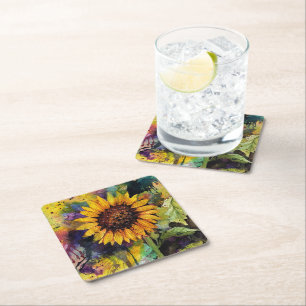 Beautiful Sunflowers In Watercolor Square Paper Coaster