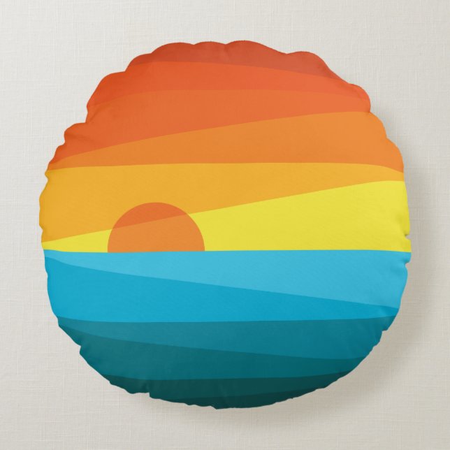 Beautiful Sunset and Sea Waves Round Cushion (Front)