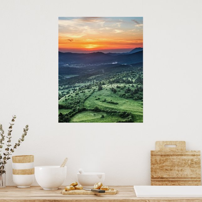 Beautiful sunset behind green fields poster (Kitchen)