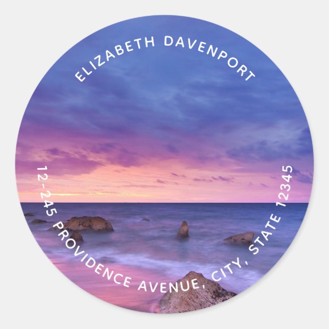 Beautiful Sunset Coastal Photograph Address Classic Round Sticker (Front)