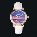 Beautiful Sunset Coastal Photograph Watch<br><div class="desc">A watch with a lovely photograph featuring striking colours of purple,  blue  and pink at sunset. 
A pretty coastline scattered with rocks.</div>