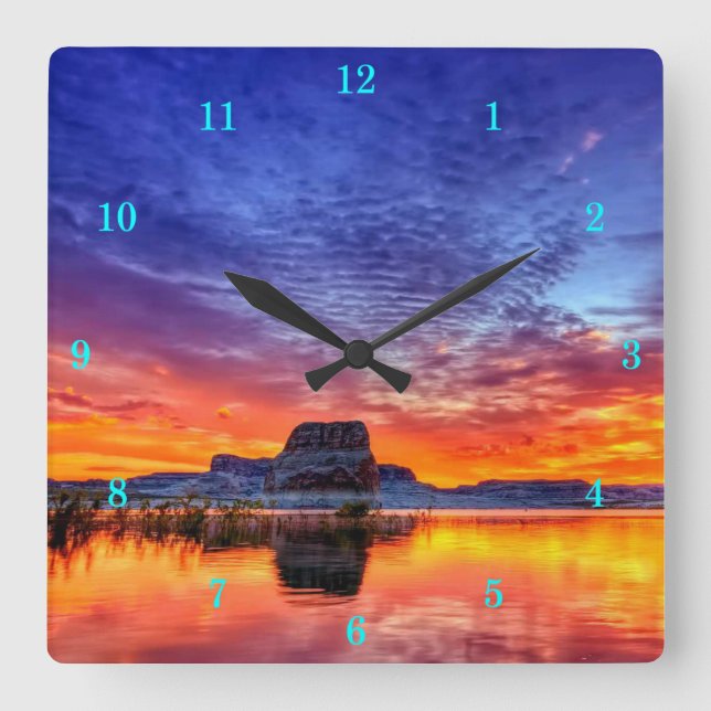 Beautiful Sunset-Lake-Rock Formation Square Wall Clock (Front)