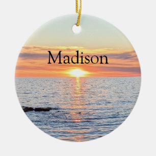 Beautiful Sunset Merry Christmas Custom Name Ceramic Ornament
