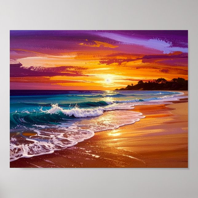 Beautiful Sunset Ocean Beach Walk Seascape Art Poster (Front)