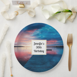 Beautiful Sunset on a Calm Lake Birthday Paper Plate
