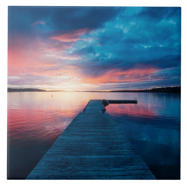 Beautiful Sunset on a Calm Lake Ceramic Tile (Front)