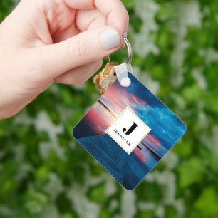 Beautiful Sunset on a Calm Lake Monogram Key Ring
