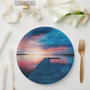 Beautiful Sunset on a Calm Lake Paper Plate